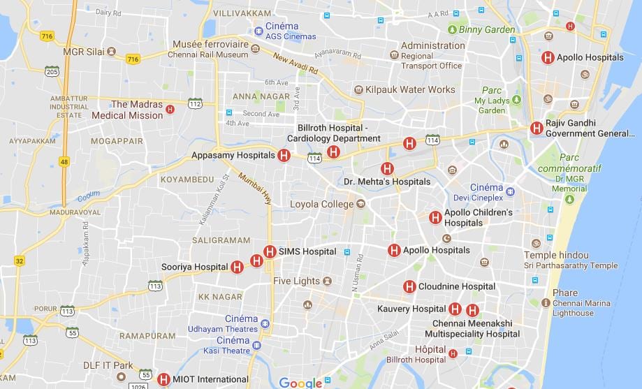 mapa Chennai Bolnicama 